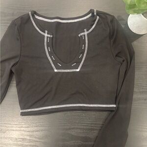 Black Long Sleeve Crop Top with White Stitching